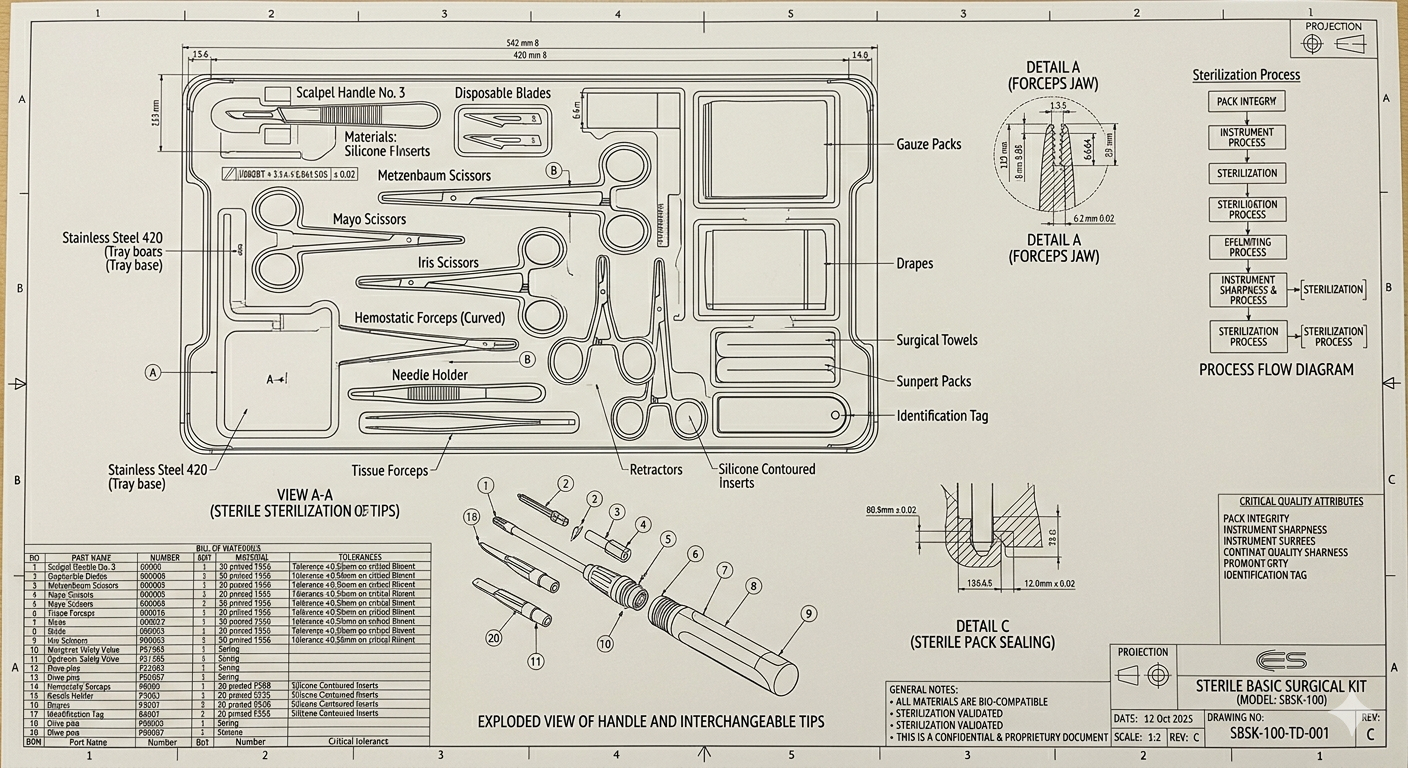 Engineering drawing of KindiVets Sterile Basic Surgical Kit SBSK-100